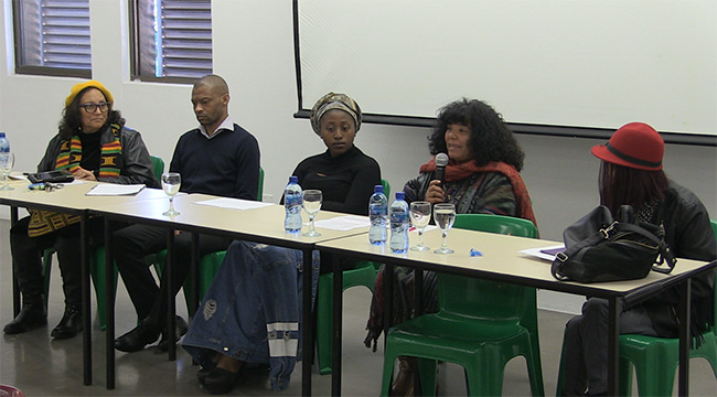 The O.R. Tambo Event panelists: Professor Gertrude Fester (Sol Plaatje University); Dr Bongani Ndhlovu (Cape Town and Iziko Museums); Motlalepula Cathy Phukubje (#RMF and African Studies); Dr June Bam-Hutchison (Panel Chair & African Studies); Valdi 