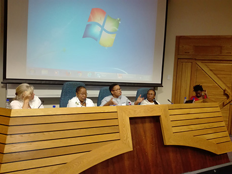 Dr Babalwa Magoqwana of NMMU presents on 'Repositioning uMakhulu as an Institution of Knowledge'. Rest of the  panel from left to right: Professor Carolyn Hamilton (UCT) who spoke on 'Time and the challenges of the Archive'; Professor Pamela Maseko (