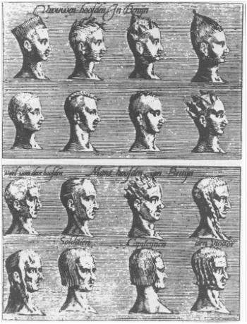 Women's heads in Benyn and Men's heads in Benyn - Soldiers; Captains; the Viador). Plate taken from Description and Historical Account of the Gold Kingdom of Guinea by Pieter de Marees. (originally published, 1602. From White & White 1995).