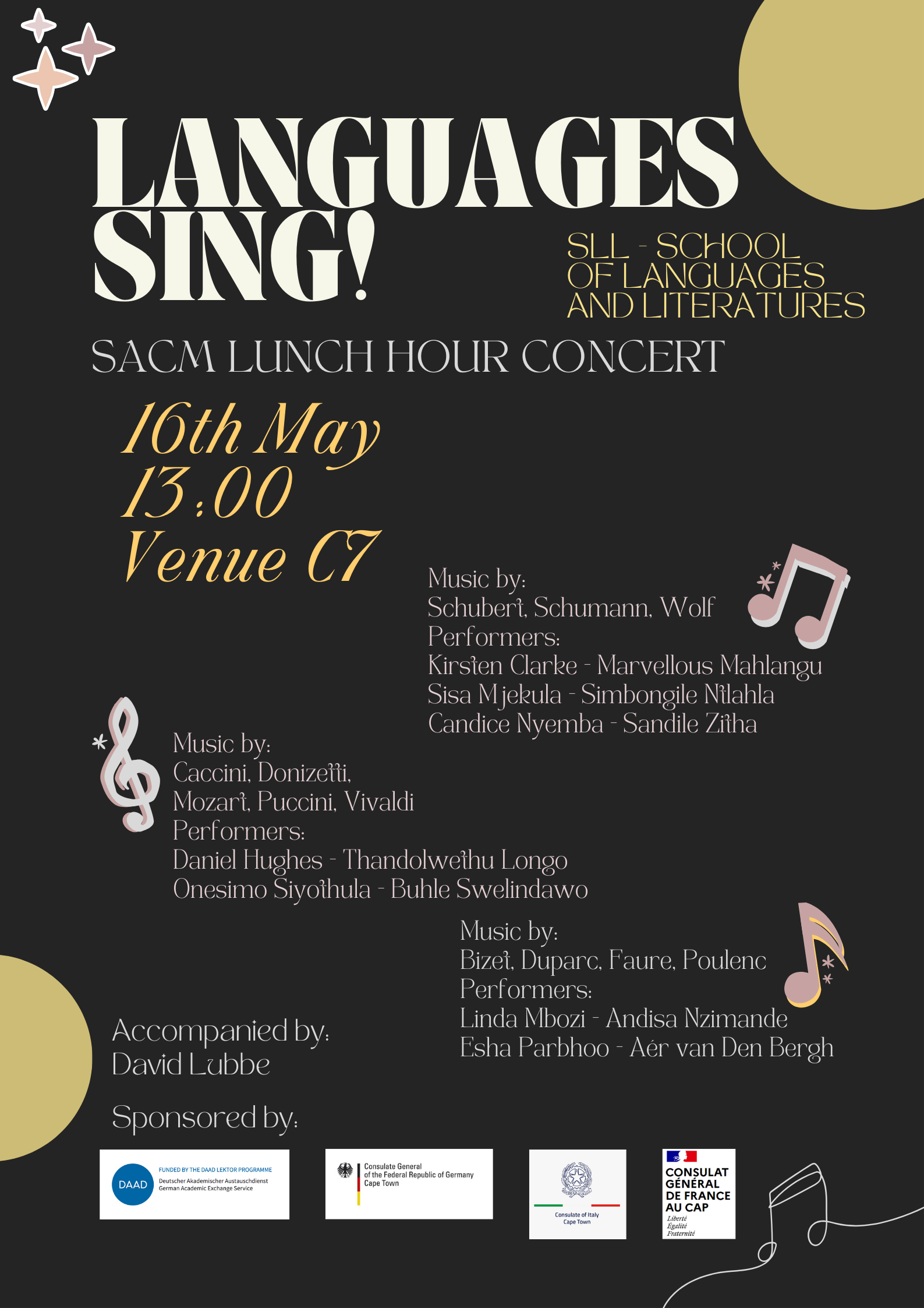 Invitation to Languages Sing! Lunch Hour Concert 16th May 13-14 in C7 at SACM