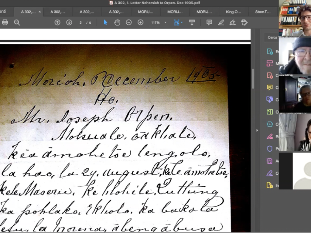 Members of the Group analyse and discuss a letter in Sesotho, by Nehemiah Sekhonyana Moshoeshoe, held at the Western Cape Provincial Archives, Cape Town. Image courtesy of Ettore Morelli.