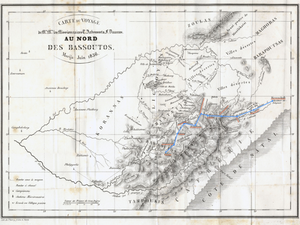 Map of the journey of Thomas Arbousset and François Daumas, printed in Paris in June 1836 and published on the Journal des Missions évangéliques. Edited by Ettore Morelli for FHYA.